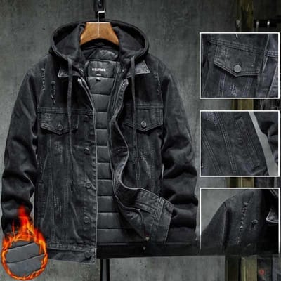Fluweel Verdikt Denim Jas Heren Katoen Afneembare Capuchon Zwart Katoenen Kleding Herfst en Winter Warme Jas Trendy M black