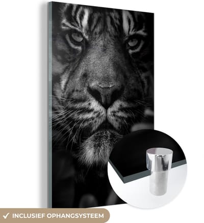 MuchoWow® Glasschilderij 40x60 cm - Schilderij acrylglas - Close-up van bladeren en een tijger in de jungle - zwart wit - Foto op glas - Schilderijen