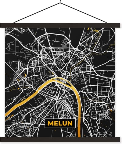 Posterhanger incl. Poster 60x60 cm - Schoolplaat - Melun - Plattegrond - Frankrijk - Kaart - Stadskaart - Textielposter - Zwarte latten - Stadskaart