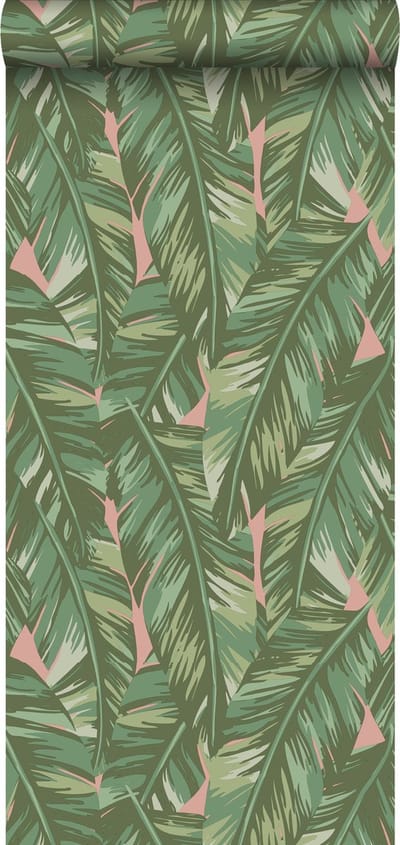 ESTAhome behang bananenbladeren vergrijsd olijfgroen en perzik roze - 53 cm x 10.05 m - 139015