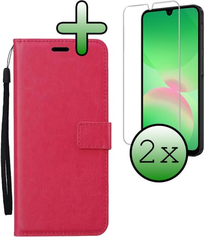Hoesje Met 2x Screenprotector - Geschikt voor Samsung Galaxy A26 - Luxe Pasjeshouder - Bookcase Portemonee - Flip Case - Kunstleer Book Case - Flipcase Hoes - Book Cover - Walletcase - Portemonneehoes - Donkerroze