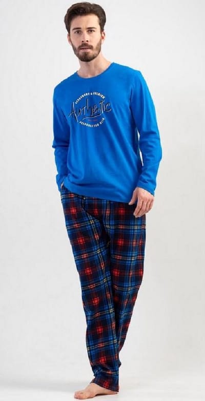 Vienetta Pyjama Heren Volwassenen Katoen | Lange Mouw Lange Broek | Geruit patroon | Blauw S
