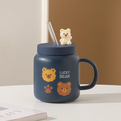 Cartoon Leuke Mok Creatieve Lucky Bear Keramische Kop Met Deksel Koppels Waterbeker Huis Ontbijt Koffiekop 401-500ml black