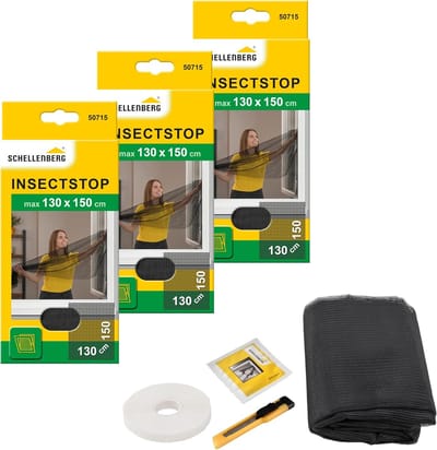 Schellenberg 3-pack 50715 hor voor ramen, insecten- en muggenwering inclusief plakstrips, zonder boren, 130 x 150 cm, antraciet