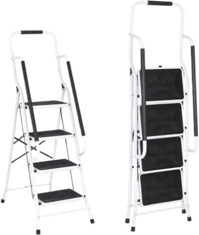Velori Opvouwbare Trapladder 4 Treden met Leuning - Veiligheidsladder - Stalen Huishoudtrap - Antislip Opstapladder - Inklapbare Huishoudladder - Draagvermogen 150 kg