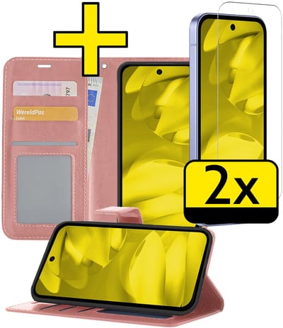 Hoesje - Met 2x Screenprotector - Geschikt voor Google Pixel 9a - Luxe Pasjeshouder - Bookcase Portemonee - Flip Case - Kunstleer Book Case - Flipcase Hoes - Book Cover - Walletcase - Portemonneehoes - Telefoonhoesjes - Rosé goud