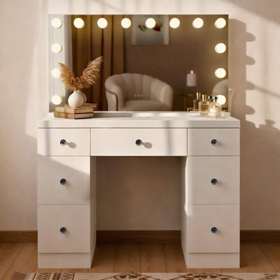CLP Lerona Kaptafel - make up tafel - met spiegel - LED-verlichting - met laden - wit