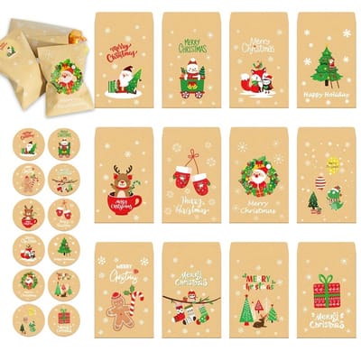 VANDAAG VERZONDEN - Cadeauzakjes 12 stuks - Decoratie Kerst - Cadeauzak Kadozak - Kerstcadeau - Inpakpapier - Tafeldecoratie - Kaarten Kerstkaarten Zakjes