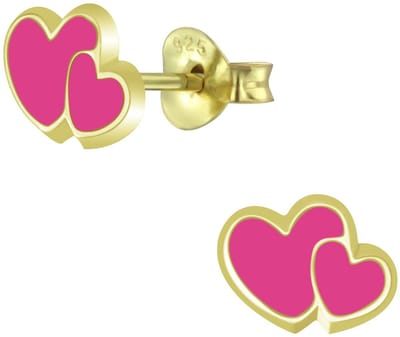 Joy|S - Zilveren hartje oorbellen - dubbele hartjes - roze - gold plated