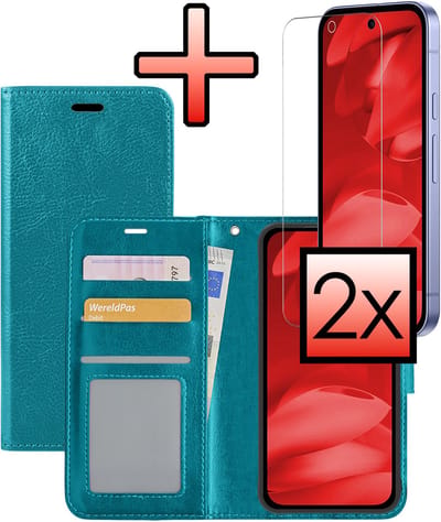 Hoesje - Met 2x Screenprotector - Geschikt voor Google Pixel 9a - Luxe Pasjeshouder - Bookcase Portemonee - Flip Case - Kunstleer Book Case - Flipcase Hoes - Book Cover - Walletcase - Portemonneehoes - Turquoise
