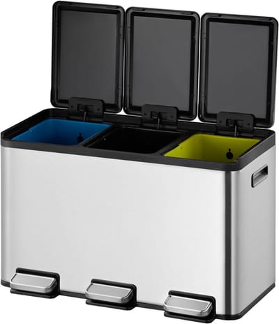 AMA® Prullenbak 3 Vakken - Afvalbak - Pedaalemmer - 30 Liter - 60x15x41cm - Metallic Zilver