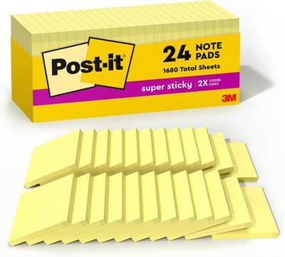 Vierkante superlijm sticky notes 7,6x7,6 cm geel 24 blokjes 90 vellen