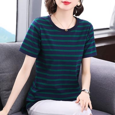 Nieuw Zomer Dames T-shirt Top met Korte Mouwen Grote Maat Los Veelzijdig Halve Mouwen Gestreept Ronde Hals Moeder Shirt 2XL
