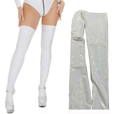 Gotische Lakleren Kousen Olie Glanzend Boven de Knie Hoge Kousen Nachtclub Stijl Feest Danskleding Effen Sexy Kousen XL white