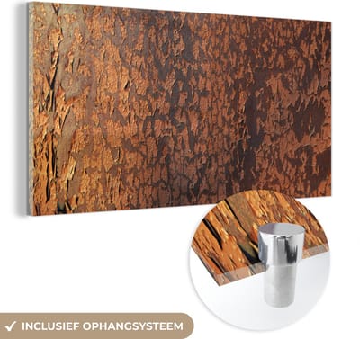 MuchoWow® Glasschilderij 120x60 cm - Schilderij acrylglas - Roest - Bruin - Oranje - Metaal - Patroon - Structuur - Foto op glas - Schilderijen