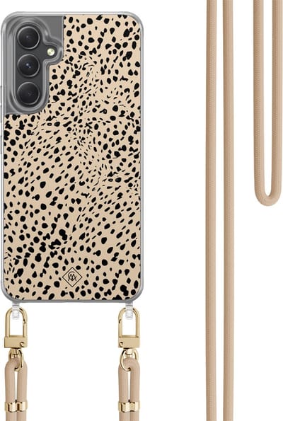 Casimoda® hoesje met koord - Geschikt voor Samsung A34 - Stippen bruin abstract - Afneembaar koord - TPU/polycarbonaat - Bruin/beige