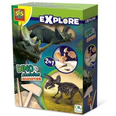 SES Creative - Explore - Dino en Skelet Opgraven 2 in 1 - Triceratops - Bikblok met Skelet - Complete set met Houten Hamer en Beitel - Dinosaurus Speelgoed