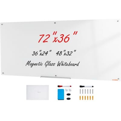 VEVOR Magnetisch Glazen Whiteboard, Wandbord Droog Uitwisbaar Bord 1829 X 915 cm, Wandgemonteerd Wit Glazen Bord Zonder Frame, met Pennenbak, Een Gum En 2 Pennen, Magneetbord Wit