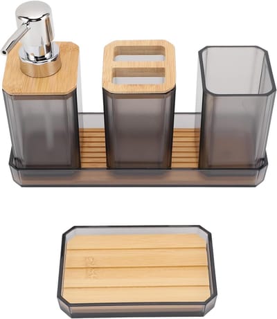 Complete Set van 3 Badkameraccessoires met Lotionflessen, Tandenborstelhouder en Zeepdish in Grijs