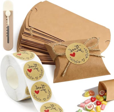 Herbruikbare geschenkdoosjes van kraftpapier, 60 stuks, 14,5 x 7 cm, ideaal voor bruiloften, gastengeschenken en feestelijke gelegenheden met jute koord, mes en stickers
