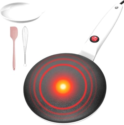 Pannenkoekenpan Elektrisch - Ontbijtpan Crêpemaker - Snelle Pannenkoeken Maken - Automatische Temperatuurregeling - 20 cm Diameter - Wit