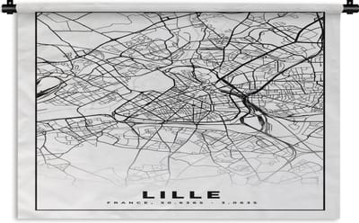 Wandkleed - Wanddoek - Plattegrond - Lille - Kaart - Frankrijk - Stadskaart - Zwart wit - 180x120 cm - Wandtapijt