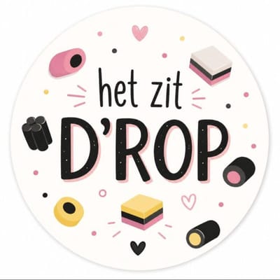 20x Sluitsticker Het zit D´rop - D´rop stickers - Cadeausticker - Sluitsticker - Rond - 40mm - 20 stuks - Wensetiket - Afscheid - Basisschool - Uitdelen - Traktatie - Uitdeeltraktatie - Collega