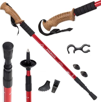 Energia Nordic Walking Wandelstokken - handvat Kurk - Rood - Tüv gekeurd - Telescopisch en Antishock - Set van 2 stokken met clip, tas en extra tips