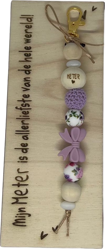 Sleutelhanger en houten kaartje liefste Meter | LILA | STRIK | jij bent de liefste | liefste meter | coolste peter | cadeau