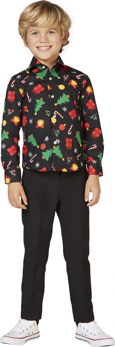 OppoSuits Christmas Icons Black - Kerst Overhemd Kids - Kerst Shirt Met Kerstbomen - Maat: 6 jaar