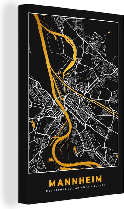 Canvas Schilderij Mannheim - Goud - Plattegrond - Stadskaart - Kaart - Duitsland - 20x30 cm - Wanddecoratie