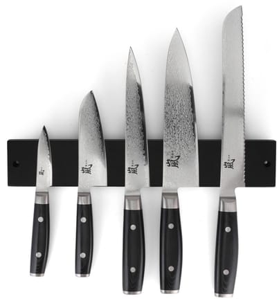 Yaxell Ran Messenset – 6-delig – Magnetische Zwarte Magneetstrip met 5 Messen – 69 Lagen Damaststaal – VG10 Staal – 61 HRC – Canvas-Micarta Heft