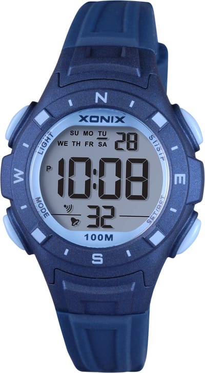 Xonix IB-A06 - Horloge - Polshorloge - Digitaal - Kinderen - Unisex - Rond - Siliconen band - ABS - Cijfers - Achtergrondverlichting - Datumaanduiding - Alarm - Start-Stop - 12/24u - Tweede tijdzone - Waterdicht - DonkerBlauw - LichtBlauw