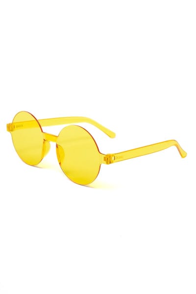 KIMU® Zonnebril Rond - Zonder Montuur - Gele Glazen - Dames Heren Retro Kunststof Vintage Designer Montuurloos Geel Festival