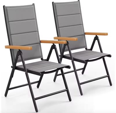 J&R Set van 2 Tuinstoelen – Klapstoelen opvouwbaar – 7-Standen verstelbaar – Aluminium – Grijs met houtlook armleuningen