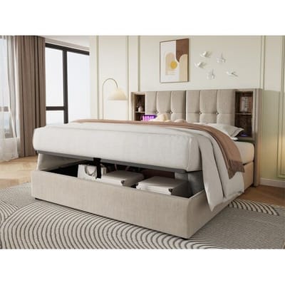 ModernLuxe Gestoffeerd opbergbed 160x200 cm - met draadloos opladen en opbergkop - linnen stof - Beige