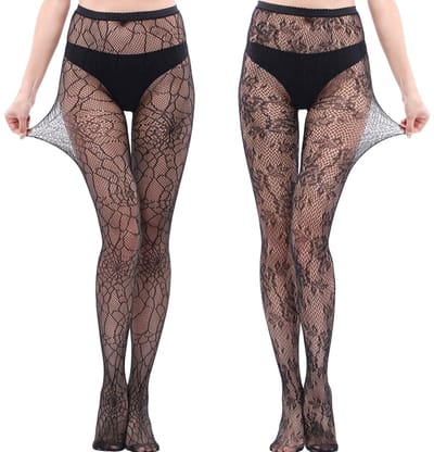Dailygoods- Damespanty 2 Stuks - Netpanty/Zwart - Bloemenkant/Spinnenwebdesign - Rekbaar/Ademend - S-XL - Perfect voor Feestjes