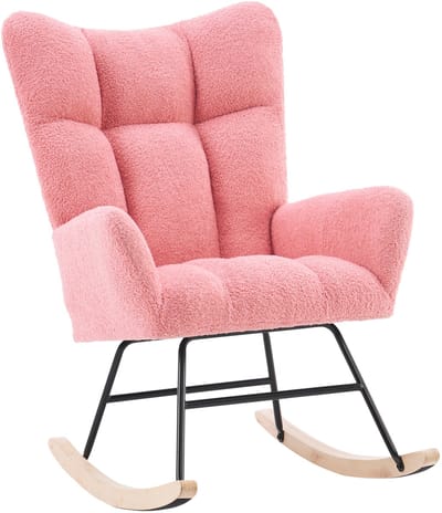 Merax Moderne Schommelstoel – Teddy Stof Relaxstoel met Hoge Rug en Armleuningen – Comfortabele Wiegstoel voor Woonkamer Slaapkamer Babykamer en Binnenruimtes – Roze