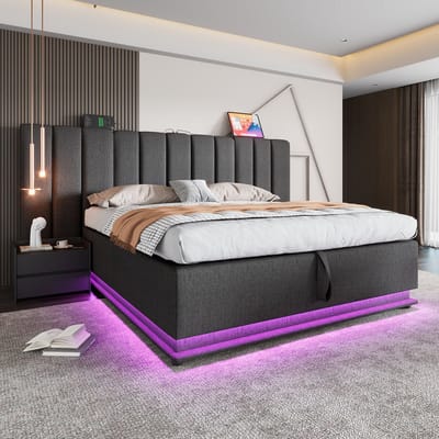 Gestoffeerd bed 160x200 cm - tweepersoonsbed met opbergruimte met LED-verlichting en opladen via USB-C - linnengoed - grijs - zonder matras en nachtkastje