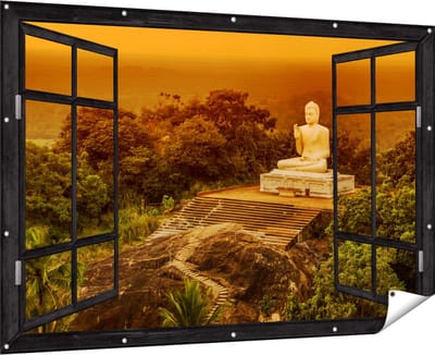 Gards Tuinposter Doorkijk Boeddha Beeld bij een Tempel in het Bos - 180x120 cm - Tuindoek - Tuindecoratie - Wanddecoratie buiten - Tuinschilderij
