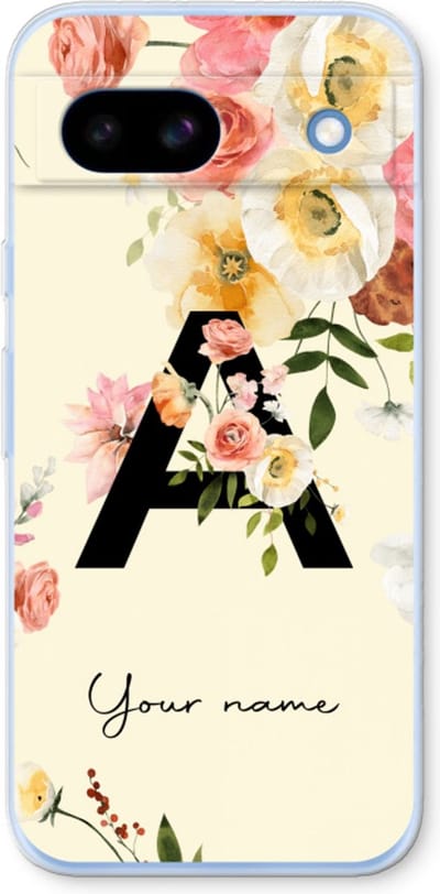 Gepersonaliseerd - Case Company® - Hoesje geschikt voor Google Pixel 8a hoesje - Flirty Flowers Monogram - Soft Cover Telefoonhoesje - Bescherming aan alle Kanten en Schermrand
