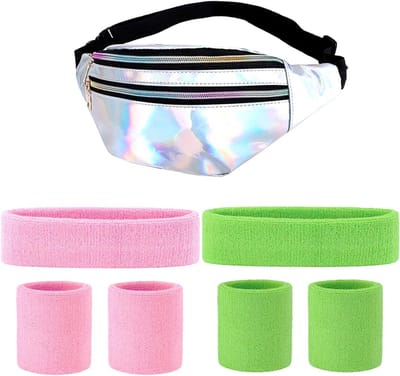 Retro Heuptas met Hoofdband en Armbanden voor 80s en 90s Feestoutfits - Verstelbare Waterdichte Taille Tas voor Carnaval en Themafeesten, Universele Maat