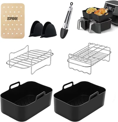 Set van 8 Accessoires voor Airfryer met Dubbele Racks, Siliconen Handschoenen en Papieren Liner voor Gezond Koken