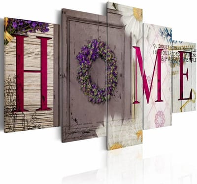 Schilderij - Welcome home , rood wit , hout look , 5 luik