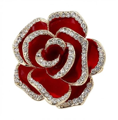 Rode bloem broche dames in roos camelia vorm met strass steentjes, goudkleurige randafwerking, elegante broche als decoratieve speld geschikt voor jurk, colbert, pak of trui
