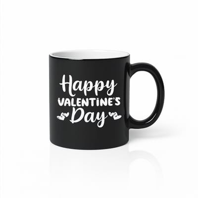 Happy Valentine’s Day Black Magic Mok 330ml – Zwarte Koffiemok met Witte Hartjes – Romantisch Cadeau voor Hem & Haar