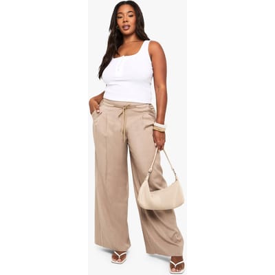 boohoo Dames Plus geweven broek met trekkoord, geplooide wijde pijpen | Taupe | Maat: 26