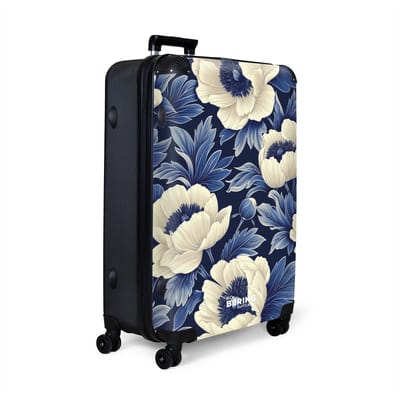 NoBoringSuitcases.com® - Koffer groot - Reiskoffer lichtgewicht - Donkerblauw met witte bloemen - Rolkoffer met 4 wielen - Grote trolley XL - 98 liter bagage