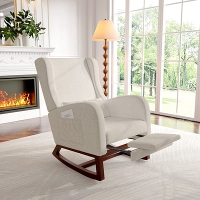 Schommelstoel met uitschuifbare voetensteun en lendensteun, loungestoel voor buiten, relaxstoel voor woonkamer en slaapkamer, beige