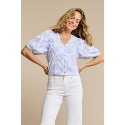 Red Button blauwe dames blouse   V-hals   Regular fit   Bloemen patroon   Knoopsluiting   Korte mouw Blauw XS